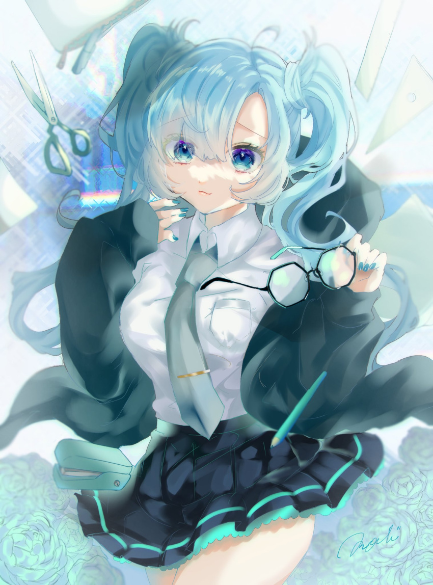 1girl, aqua_hair, aqua_nails, aqua_neckwear, aqua_rose, bag, black_jacket, black_skirt