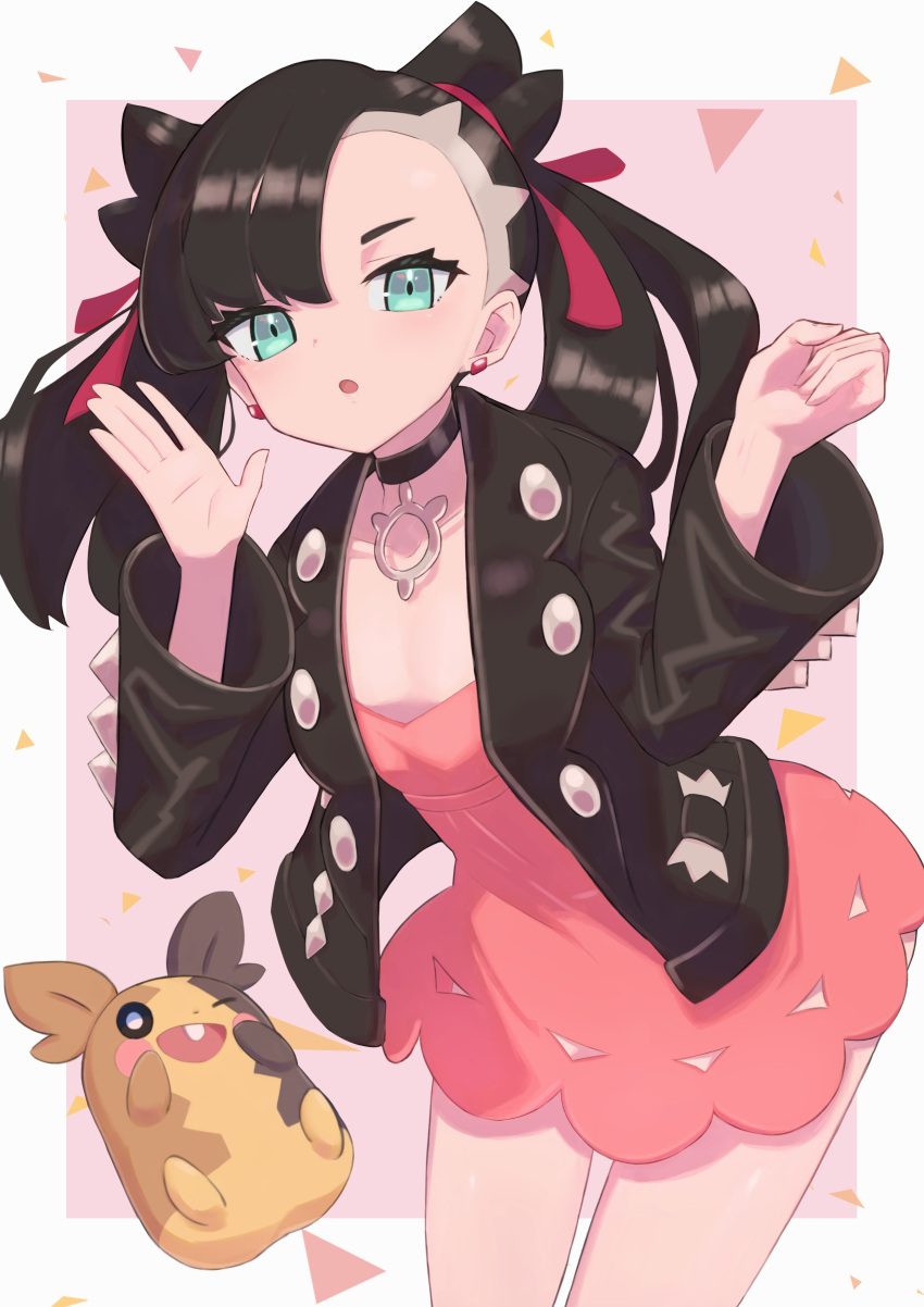 1girl, :o, absurdres, asymmetrical_bangs, bangs, black_choker, black_hair, black_jacket