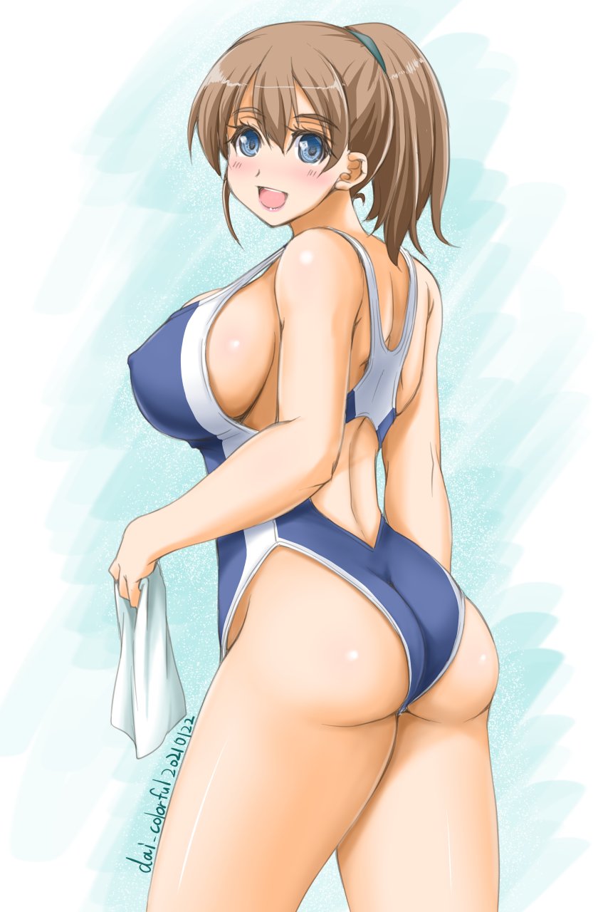 1girl, akimoto_dai, ass, back, blue_background, blue_eyes, blue_swimsuit, blush