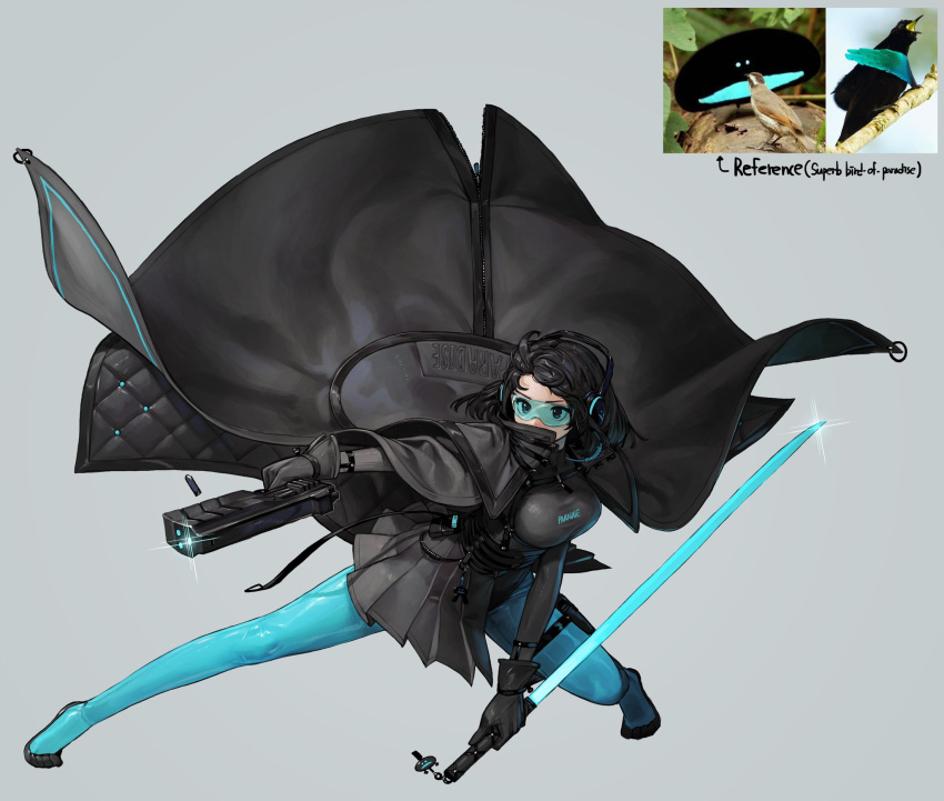 1girl, aqua_legwear, bird_of_paradise, black_coat, black_footwear, black_gloves, black_hair, black_skirt