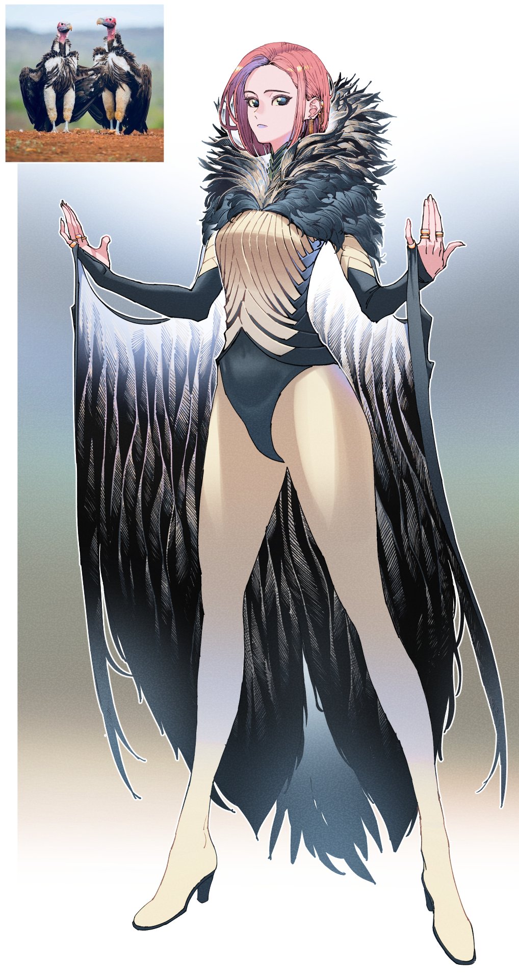 1girl, bird, blue_eyes, bridal_gauntlets, cape, earrings, feather_trim, full_body