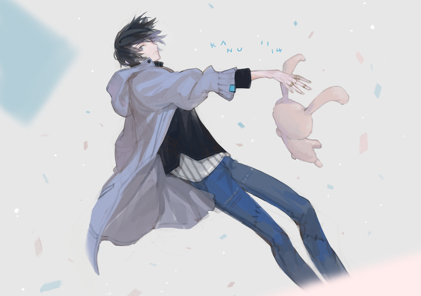 1boy, artist_name, black_hair, closed_mouth, coat, confetti, dated, denim