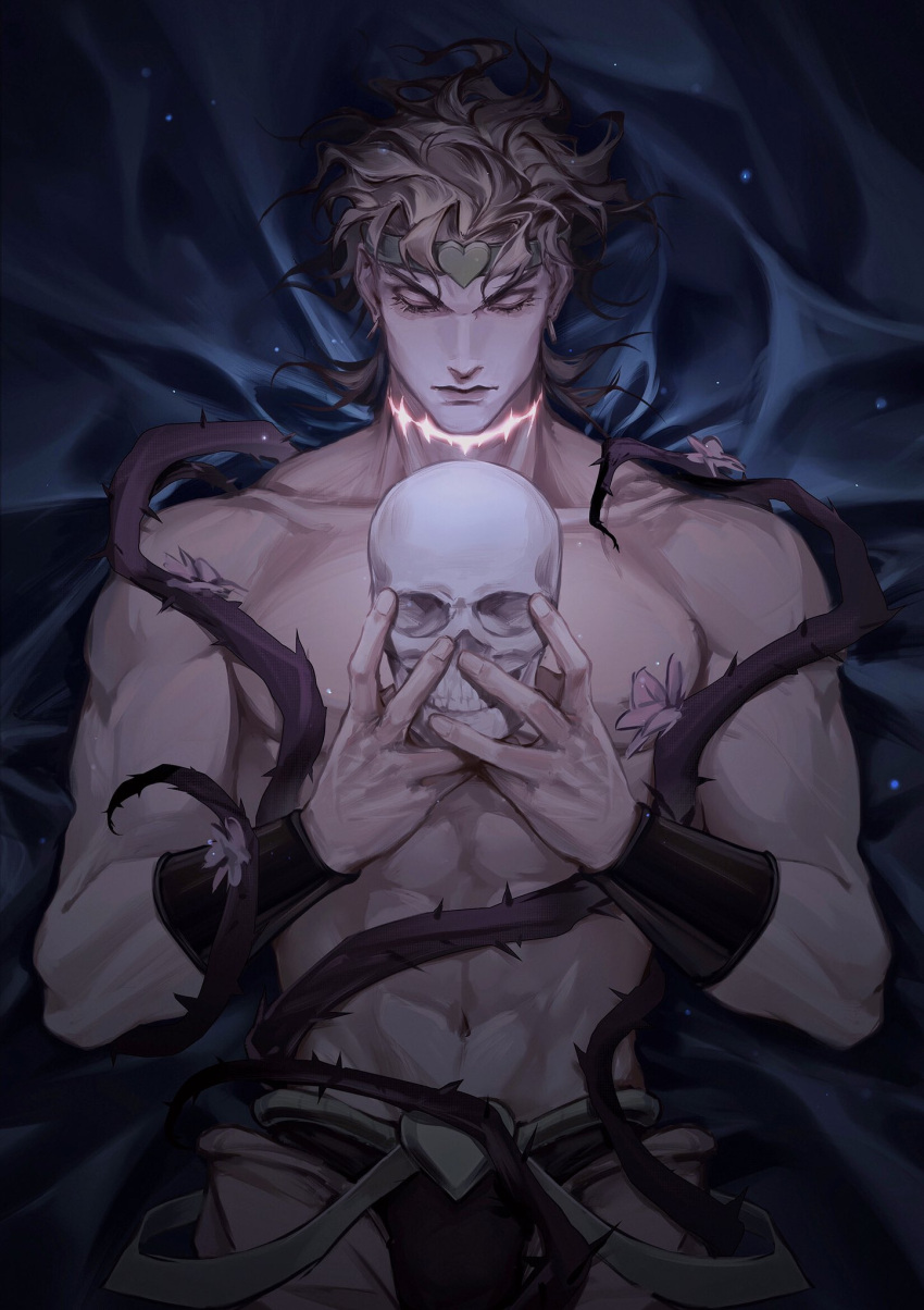 1boy, abs, blonde_hair, bracer, chanasykine, chinese_commentary, closed_eyes, closed_mouth