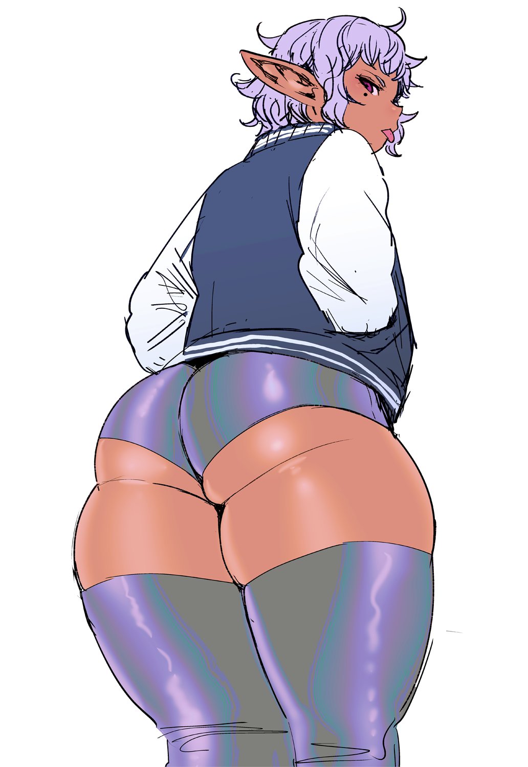 1girl, :p, alternate_hairstyle, commentary_request, dark_skin, elf-san_wa_yaserarenai., hands_in_pockets, highres