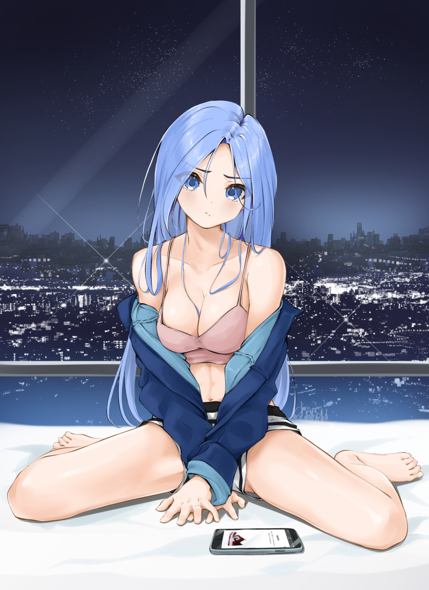 1girl, big_breasts, blue_eyes, blue_hair, bra, chaesu, looking_at_viewer, minah_(chaesu)