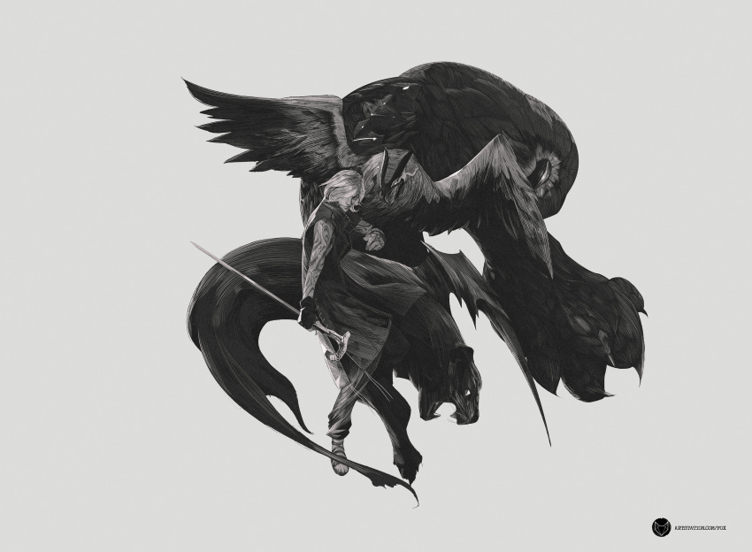 1boy, absurdres, arm_tattoo, bird, bracelet, cane, closed_mouth, devil_may_cry