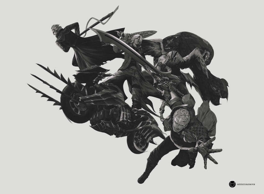 1boy, 4boys, absurdres, arm_tattoo, bandaged_arm, bandages, bird, boots