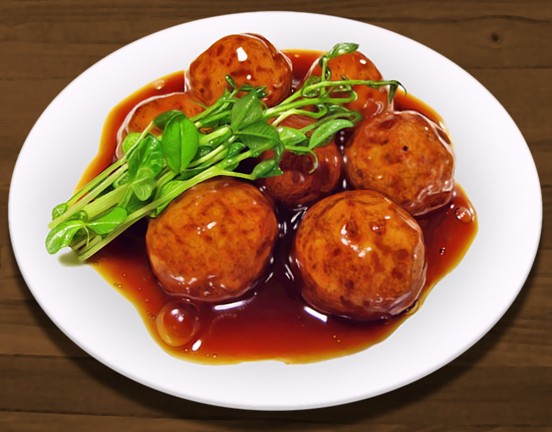 close-up, food, food_focus, hokkaido_(artist), leaf, meat, meatball, no_humans