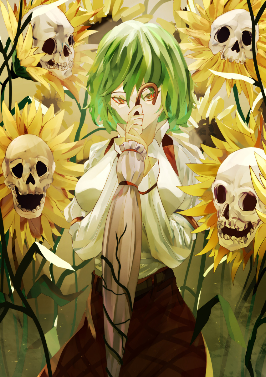 1girl, absurdres, arm_strap, bone, breasts, commentary, covered_mouth, covering_mouth