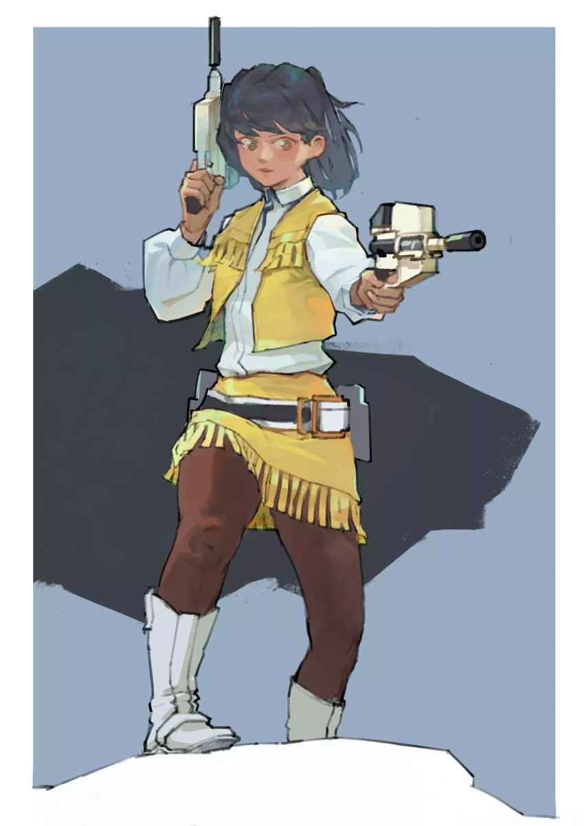 1girl, absurdres, annie_(uchuu_keiji_shaider), belt, black_hair, blue_background, boots, brown_eyes