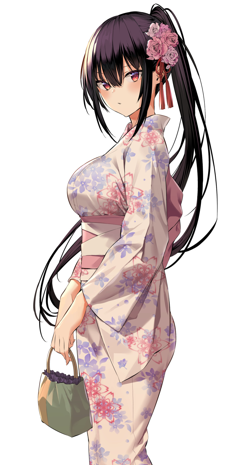 1girl, absurdres, bag, breasts, commentary_request, flower, hair_flower, hair_ornament