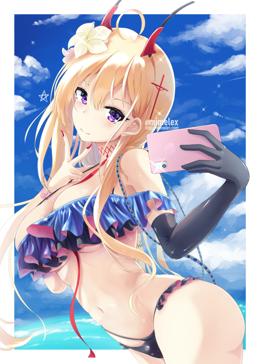 1girl, artist_name, azur_lane, between_breasts, bikini, breasts, cellphone, cross_hair_ornament
