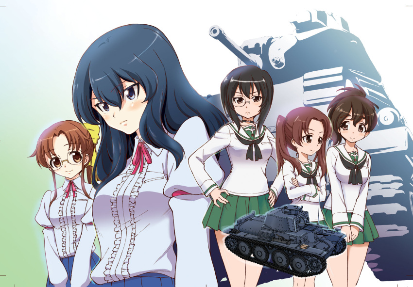 5girls, arm_garter, bangs, black_choker, black_eyes, black_hair, black_neckwear, black_ribbon
