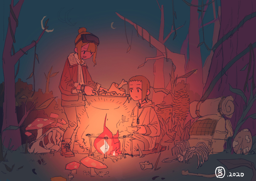 2girls, absurdres, bangs, bare_tree, bone, boned_meat, brown_jacket, dated