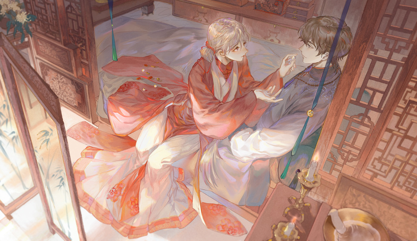 2boys, banba_zenji, bed, black_hair, candle, eye_contact, feeding, flower