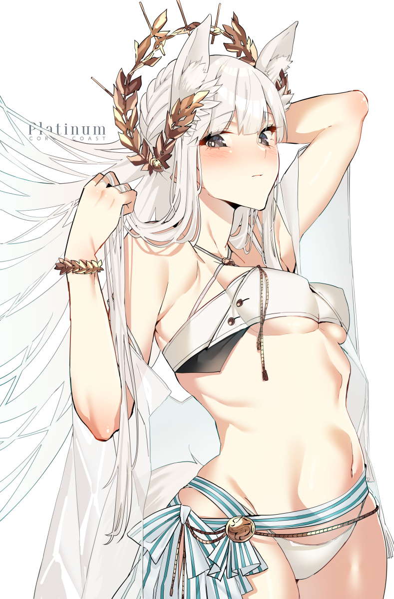 1girl, animal_ear_fluff, animal_ears, arknights, asakawa_(outeq), bangs, bare_shoulders, bikini, black_eyes, blunt_bangs, bracelet, breasts, eyebrows_visible_through_hair, halterneck, highres, horse_ears, horse_girl, horse_tail, jewelry, laurel_crown, long_hair, looking_at_viewer, midriff, navel, official_alternate_costume, platinum_(arknights), platinum_(sunny_dew)_(arknights), see-through, small_breasts, solo, swimsuit, tail, very_long_hair, white_background, white_bikini, white_hair