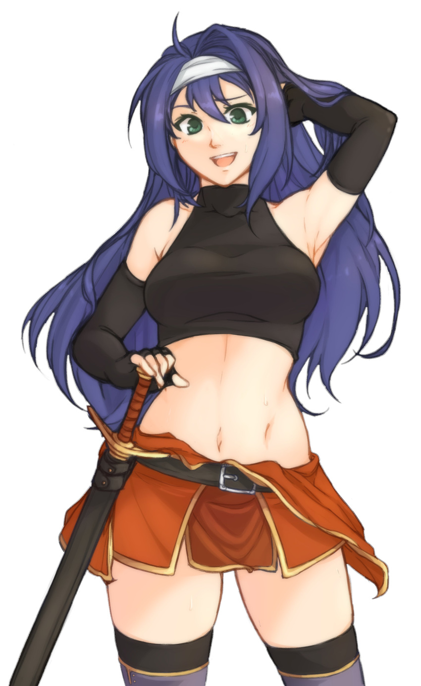 1girl, absurdres, ahoge, blue_hair, breasts, elbow_gloves, fingerless_gloves, fire_emblem