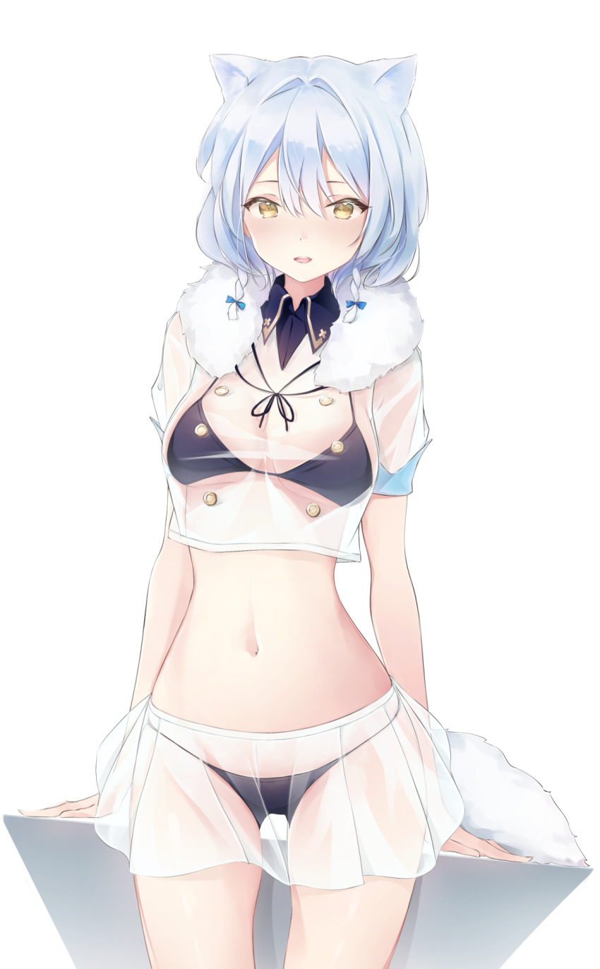 1girl, animal_ears, bangs, bikini, bikini_under_clothes, black_bikini, blue_hair, buttons, crop_top, cropped_jacket, fur_collar, hair_between_eyes, highres, jacket, lavie_(pride_of_eden), looking_at_viewer, medium_hair, midriff, navel, open_mouth, pleated_skirt, r_(curvy), red:_pride_of_eden, see-through, see-through_jacket, see-through_skirt, short_sleeves, simple_background, skirt, solo, string_bikini, swimsuit, tail, upper_teeth, wet, wet_clothes, wet_skirt, white_background, yellow_eyes
