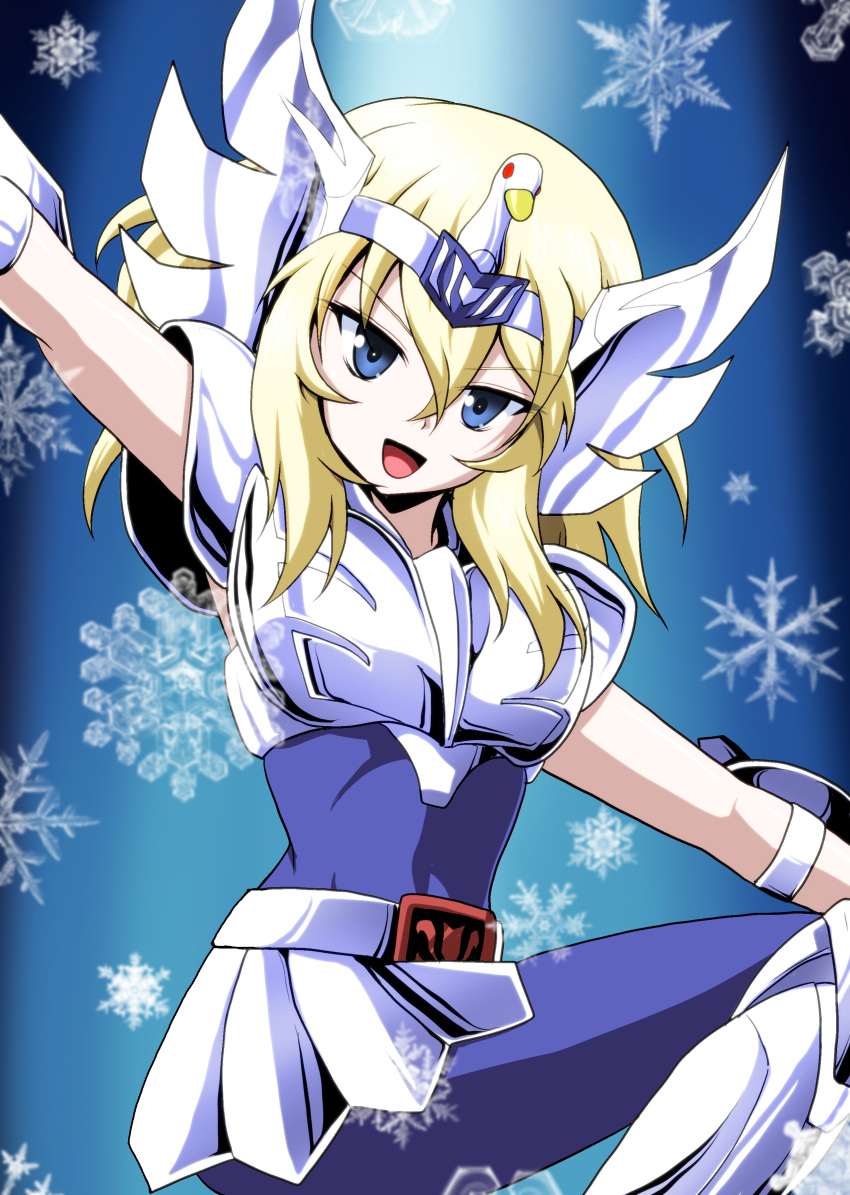 1girl, absurdres, arm_up, armor, armored_skirt, bangs, blonde_hair, blue_bodysuit
