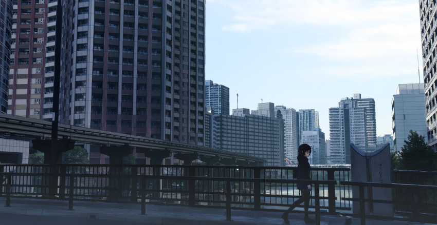 1girl, black_hair, black_legwear, bridge, building, city, cityscape, clouds