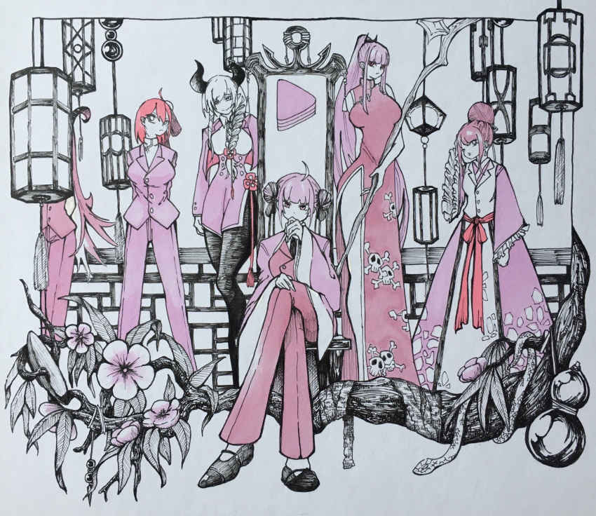 5girls, alternate_costume, alternate_hairstyle, arms_behind_back, bangs, blunt_bangs, braid, bunka_(aynt44)