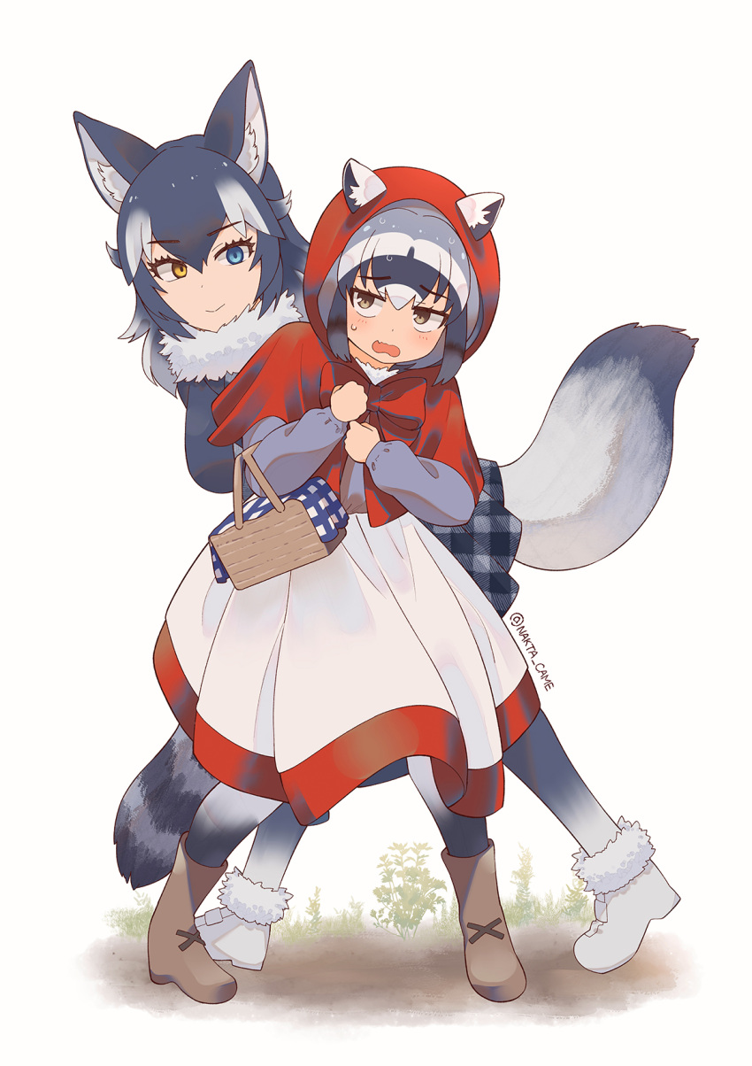 2girls, alternate_costume, animal_ear_fluff, animal_ears, bangs, big_bad_wolf_(grimm), big_bad_wolf_(grimm)_(cosplay), black_legwear, black_shirt, blue_eyes, boots, bow, brown_eyes, brown_footwear, capelet, closed_mouth, commentary, common_raccoon_(kemono_friends), cosplay, dress, eyebrows_visible_through_hair, frown, fur-trimmed_footwear, fur_collar, grey_hair, grey_legwear, grey_skirt, grey_wolf_(kemono_friends), half-closed_eyes, heel_up, heterochromia, highres, hood, hood_up, hooded_capelet, kemono_friends, leaning_forward, little_red_riding_hood, little_red_riding_hood_(grimm), little_red_riding_hood_(grimm)_(cosplay), long_sleeves, looking_at_viewer, medium_dress, medium_hair, miniskirt, multicolored_hair, multiple_girls, nakta, pantyhose, picnic_basket, plaid, plaid_skirt, pleated_skirt, raccoon_ears, raccoon_tail, red_bow, shirt, short_hair, simple_background, skirt, smile, standing, sweatdrop, tail, twitter_username, wavy_mouth, white_background, white_dress, white_footwear, white_hair, wolf_ears, wolf_tail, yellow_eyes