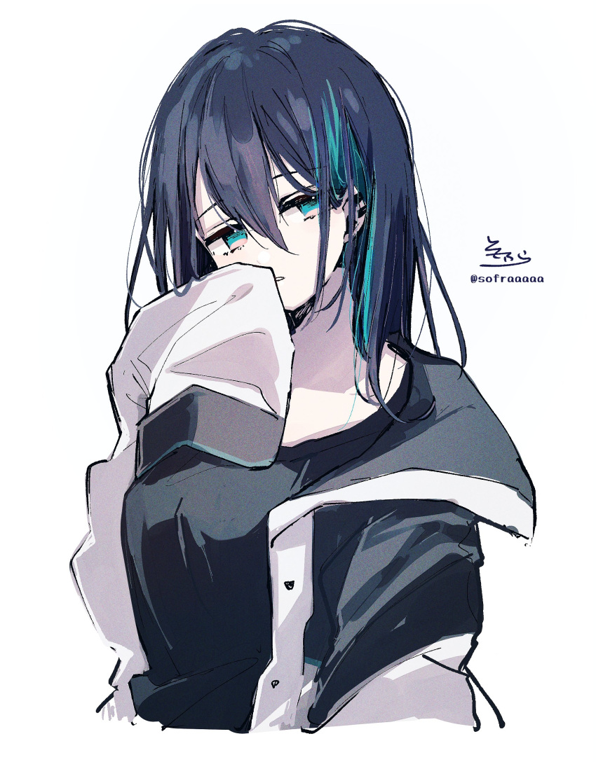 1girl, absurdres, bangs, black_hair, black_shirt, blue_eyes, blue_hair, breasts