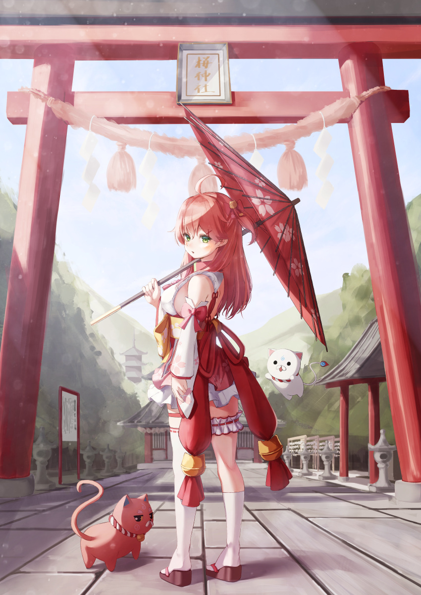 1girl, 35p_(miko_channel), 35p_(sakura_miko), absurdres, ahoge, architecture, asymmetrical_legwear, back, bell, black_footwear, blue_sky, blush, bow, breasts, cat, cherry_blossom_print, commentary, day, detached_sleeves, east_asian_architecture, floral_print, from_behind, full_body, geta, green_eyes, hair_ornament, highres, holding, holding_umbrella, hololive, huge_filesize, japanese_clothes, kimono, kintoki_(miko_channel), kintoki_(sakura_miko), kneehighs, kouhaku_nawa, long_hair, looking_at_viewer, looking_back, medium_breasts, miko, mountain, nontraditional_miko, nyan_(reinyan_007), oil-paper_umbrella, oriental_umbrella, outdoors, parted_lips, pink_hair, rope, sakura_miko, shimenawa, short_kimono, short_sidetail, shrine, sideboob, single_kneehigh, single_thighhigh, sky, standing, sunlight, tabi, thigh-highs, thigh_strap, torii, umbrella, virtual_youtuber, white_legwear, x_hair_ornament