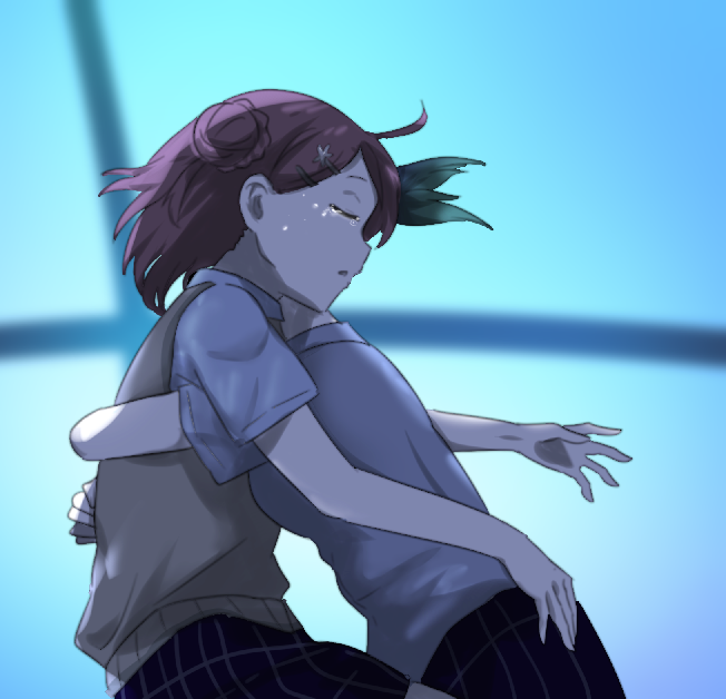 2girls, ahoge, closed_eyes, commentary, crying, hair_ornament, hairclip, hug