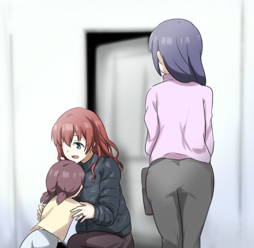 3girls, asaka_karin, ass, bag, blue_hair, child, coat, commentary, door, emma_verde, green_eyes, hair_over_one_eye, if_they_mated, imminent_hug, indoors, ips_cells, jewelry, long_hair, love_live!, love_live!_nijigasaki_high_school_idol_club, mother_and_daughter, multiple_girls, open_mouth, pants, pink_hair, raya_(yuri15923), redhead, ring, shirt, squatting, twintails, wedding_band, wife_and_wife, yuri