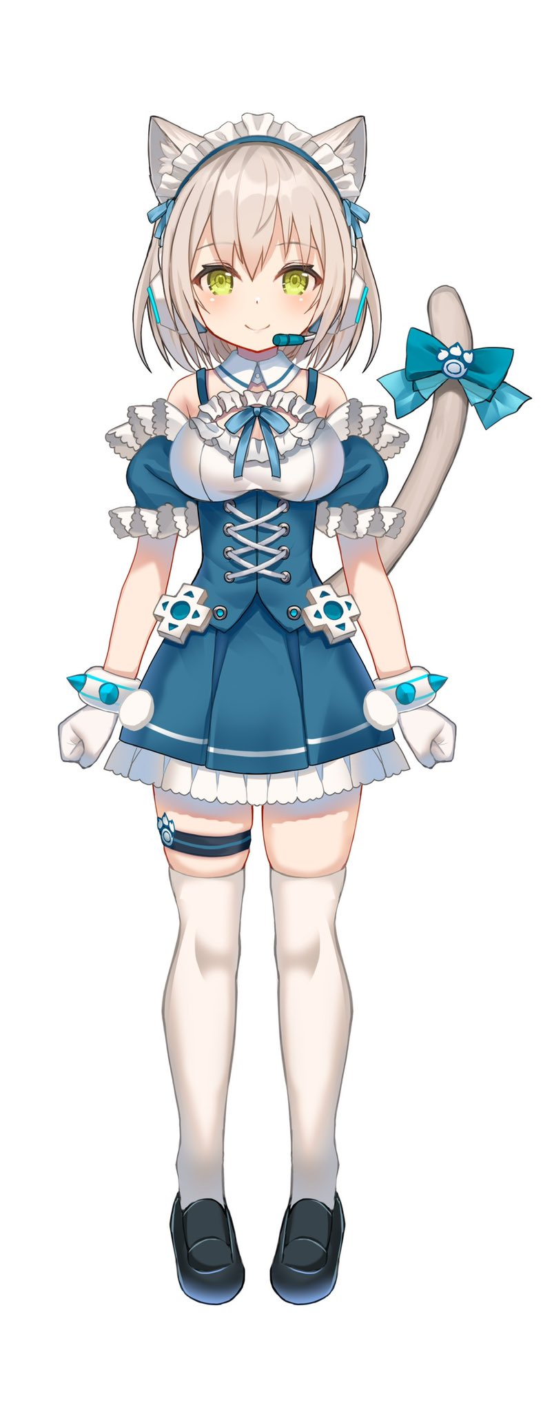 1girl, animal_ears, bow, cat_ears, gloves, green_eyes, guild_cq, headphones