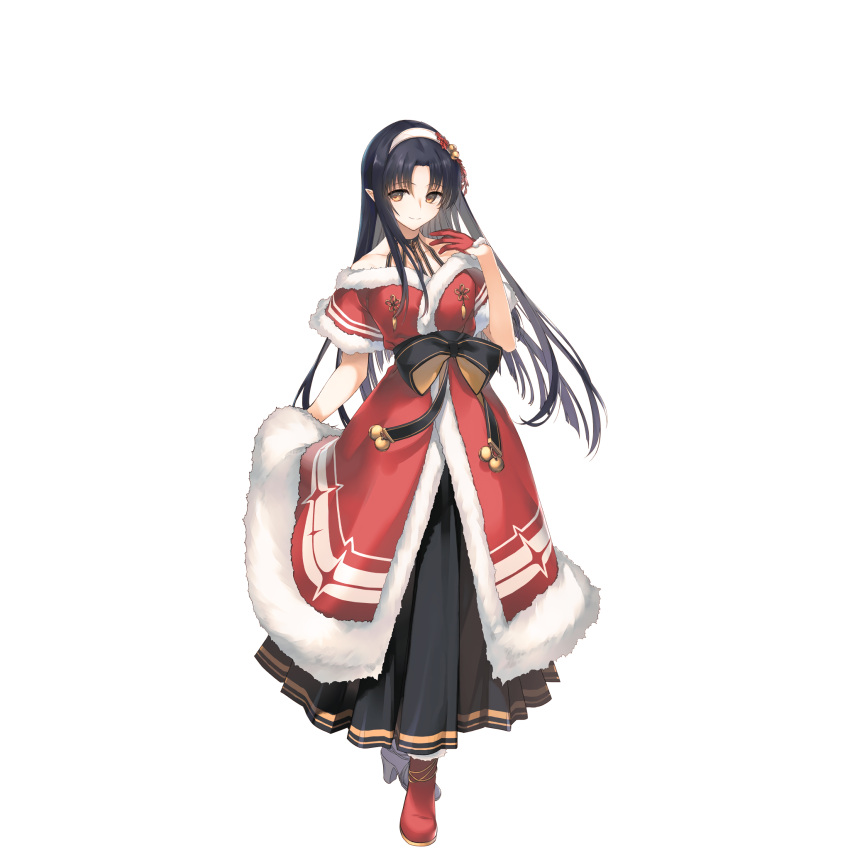 1girl, bangs, bell, black_hair, brown_eyes, dress, full_body, gloves