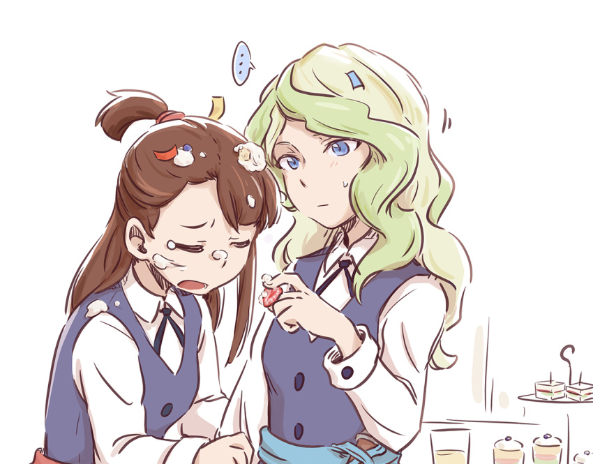 2girls, blonde_hair, blue_eyes, brown_hair, cake, closed_eyes, diana_cavendish, disappointed