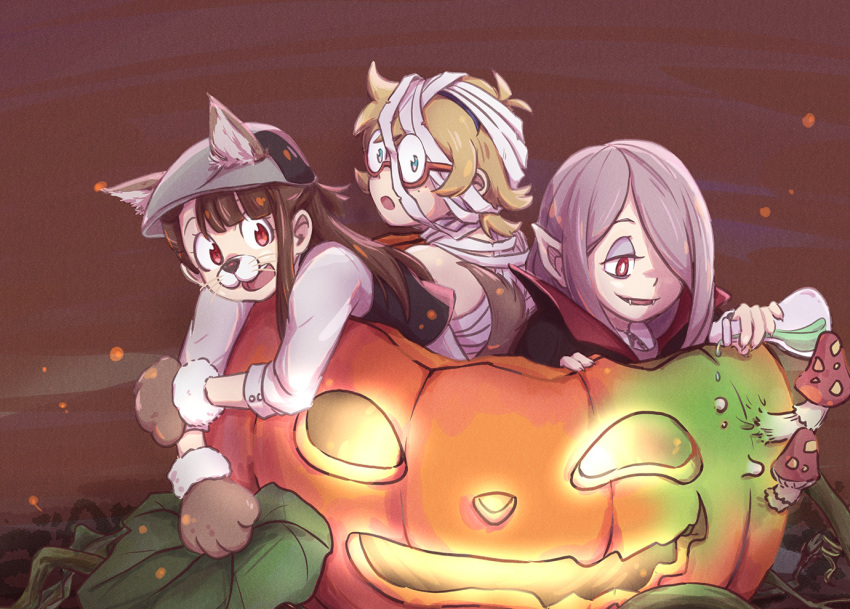 3girls, animal_ears, bandages, blonde_hair, brown_hair, fangs, flask, halloween