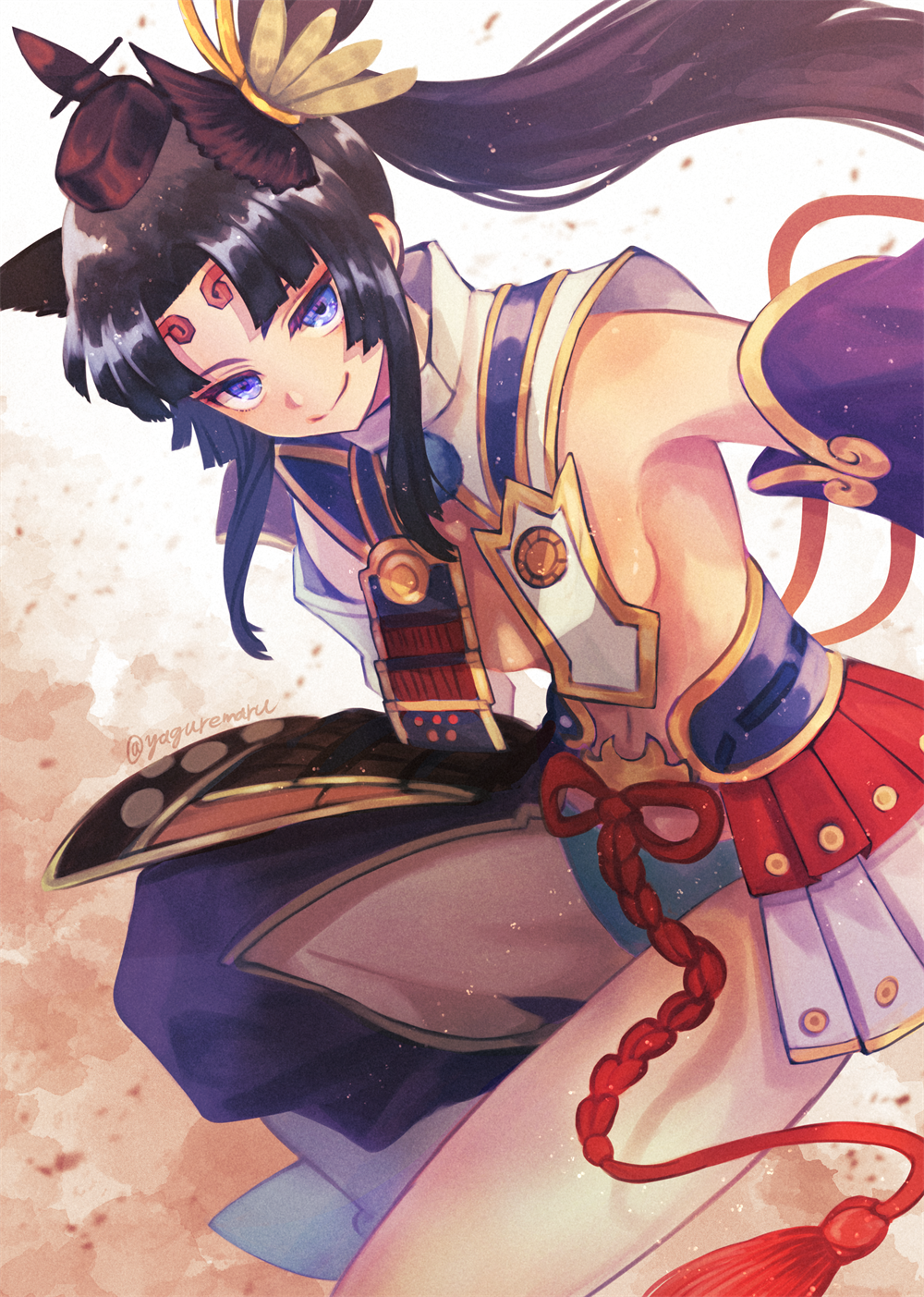 1girl, asymmetrical_sleeves, bangs, bare_shoulders, black_hair, black_headwear, blue_eyes, brown_ribbon, detached_sleeves, eyebrows_visible_through_hair, fate/grand_order, fate_(series), hair_ribbon, hat, highres, long_hair, long_sleeves, looking_at_viewer, mini_hat, navel, over_shoulder, purple_sleeves, ribbon, smile, solo, ushiwakamaru_(fate/grand_order), very_long_hair, yaguremaru