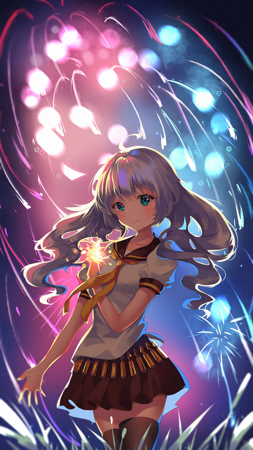 1girl, ahoge, bangs, benghuai_xueyuan, blue_eyes, blush, closed_mouth, firework_background