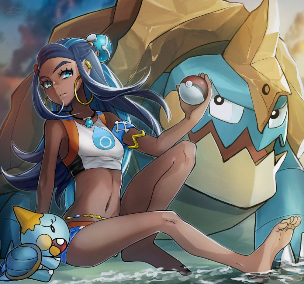 1girl, armlet, barefoot, belly_chain, bike_shorts, black_hair, blue_eyes, blue_hair