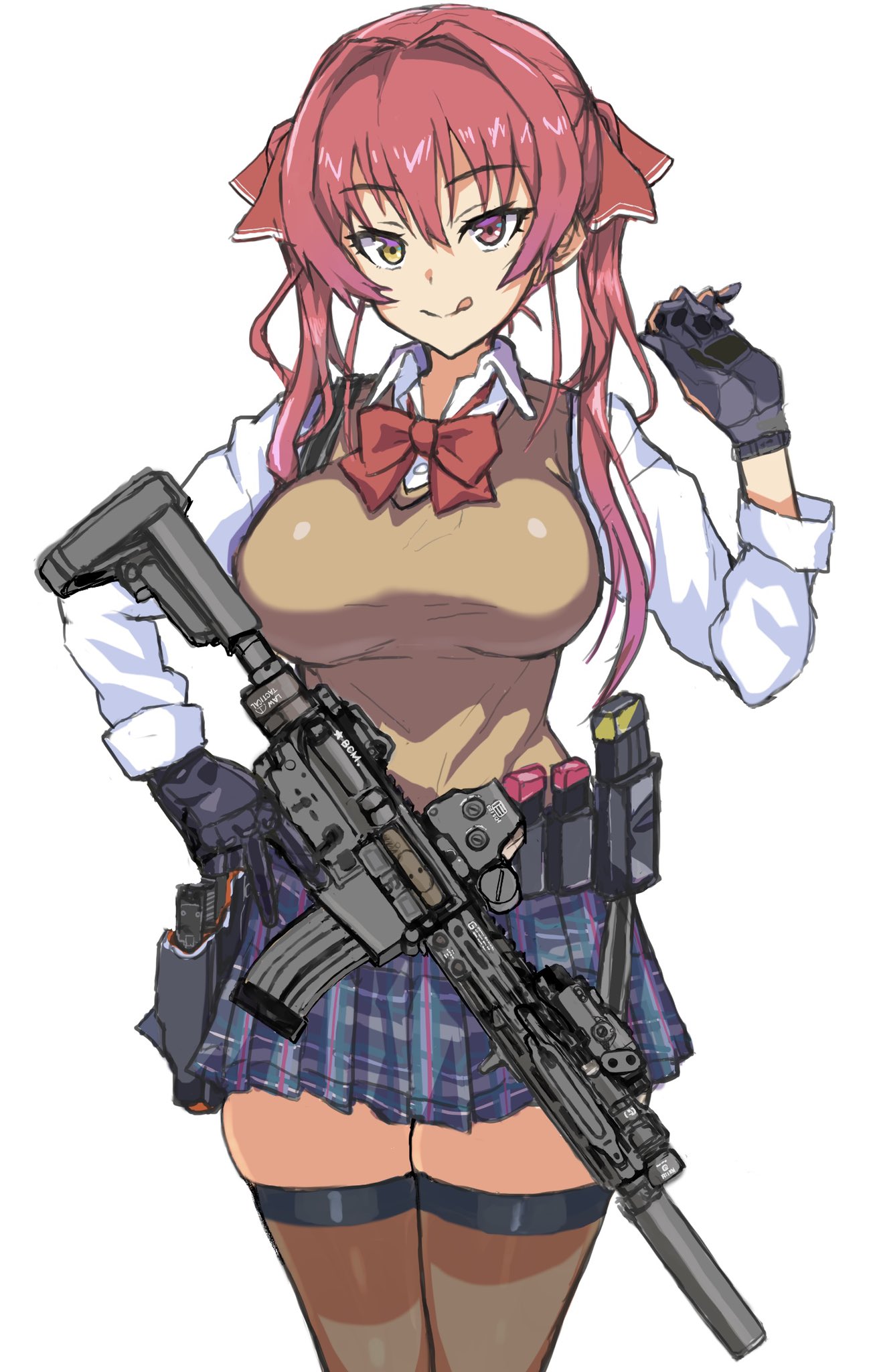 1girl, alternate_costume, ar-15, assault_rifle, breasts, commentary_request, cowboy_shot, dress_shirt