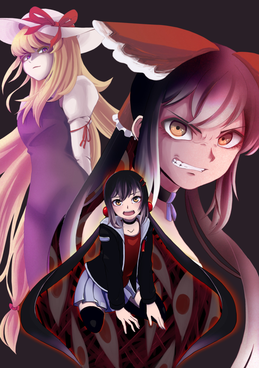 2girls, agucala_(cookie), angry, bangs, black_hair, black_hoodie, black_legwear, blonde_hair