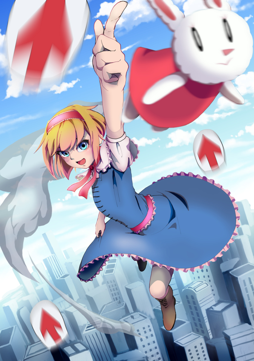 1girl, alice_margatroid, arrow_(symbol), bangs, blonde_hair, blouse, blue_dress, blue_sky, blush, boots, brown_footwear, capelet, cityscape, clouds, commentary_request, cookie_(touhou), cross-laced_footwear, day, dress, dutch_angle, flying, frilled_capelet, frilled_dress, frilled_hairband, frilled_sash, frills, full_body, gaba_physics, hairband, highres, holding, holding_clothes, holding_dress, ichigo_(cookie), index_finger_raised, looking_at_viewer, motion_blur, open_mouth, outdoors, pink_sash, pointing, pointing_up, razgrizes_da, red_dress, red_hairband, sash, short_hair, short_sleeves, sky, sleeveless, sleeveless_dress, smoke_trail, solo, stuffed_animal, stuffed_bunny, stuffed_toy, touhou, white_blouse, white_capelet