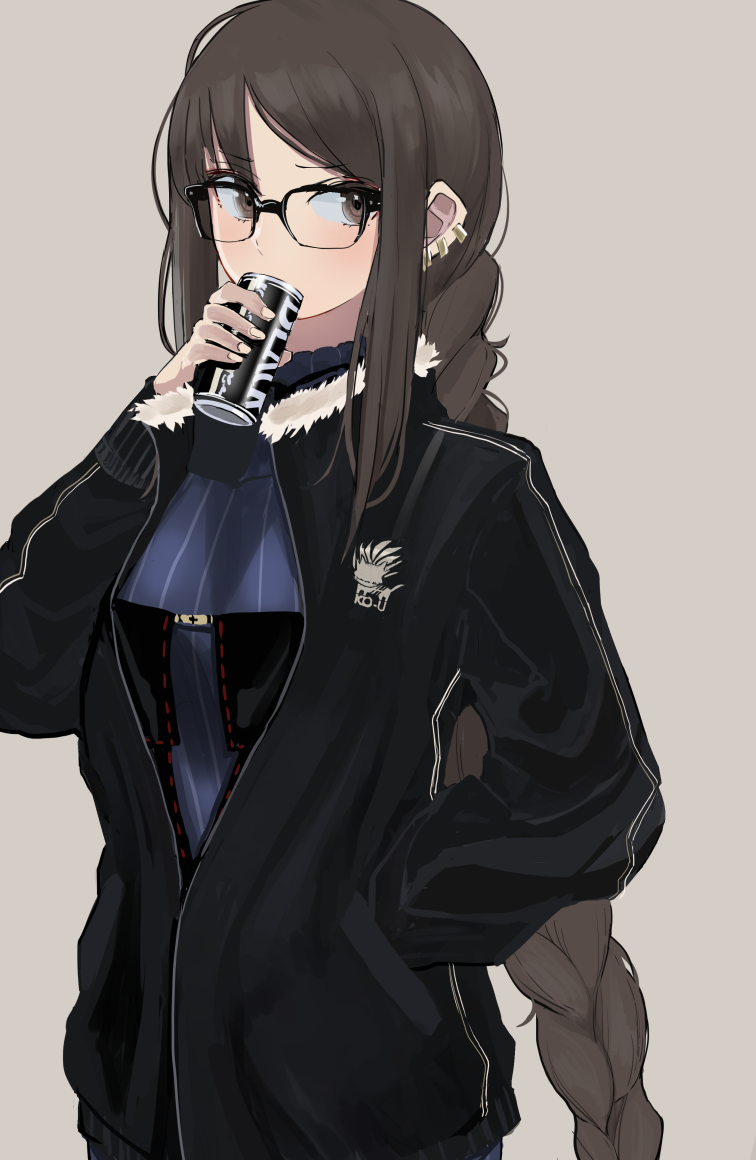 1girl, black_dress, black_jacket, blue_dress, blush, braid, braided_ponytail, breasts