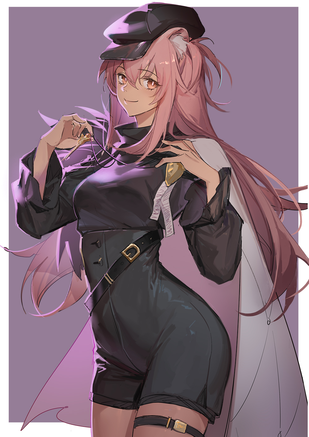 1girl, animal_ear_fluff, arknights, arm_up, black_gloves, black_headwear, black_shorts, blush, breasts, bright_pupils, cabbie_hat, cape, chipmunk_girl, chipmunk_tail, closed_mouth, cowboy_shot, dark_skin, from_side, fur_trim, gloves, gravel_(arknights), gravel_(model's_night)_(arknights), guimi1127, hat, high-waist_shorts, highres, long_sleeves, looking_at_viewer, looking_to_the_side, medium_breasts, official_alternate_costume, orange_eyes, pink_hair, purple_background, shorts, smile, solo, thigh_strap, white_background, white_cape