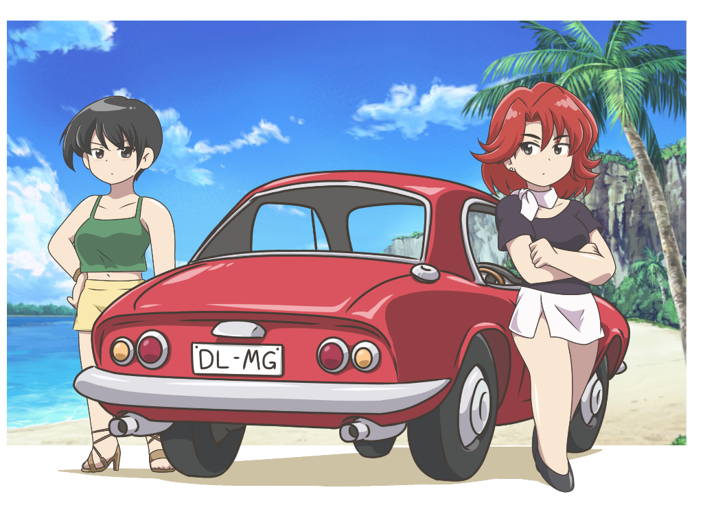 2girls, agent_aika, aika_(series), alternate_costume, bangs, beach, bianca_(agent_aika), black_delmo