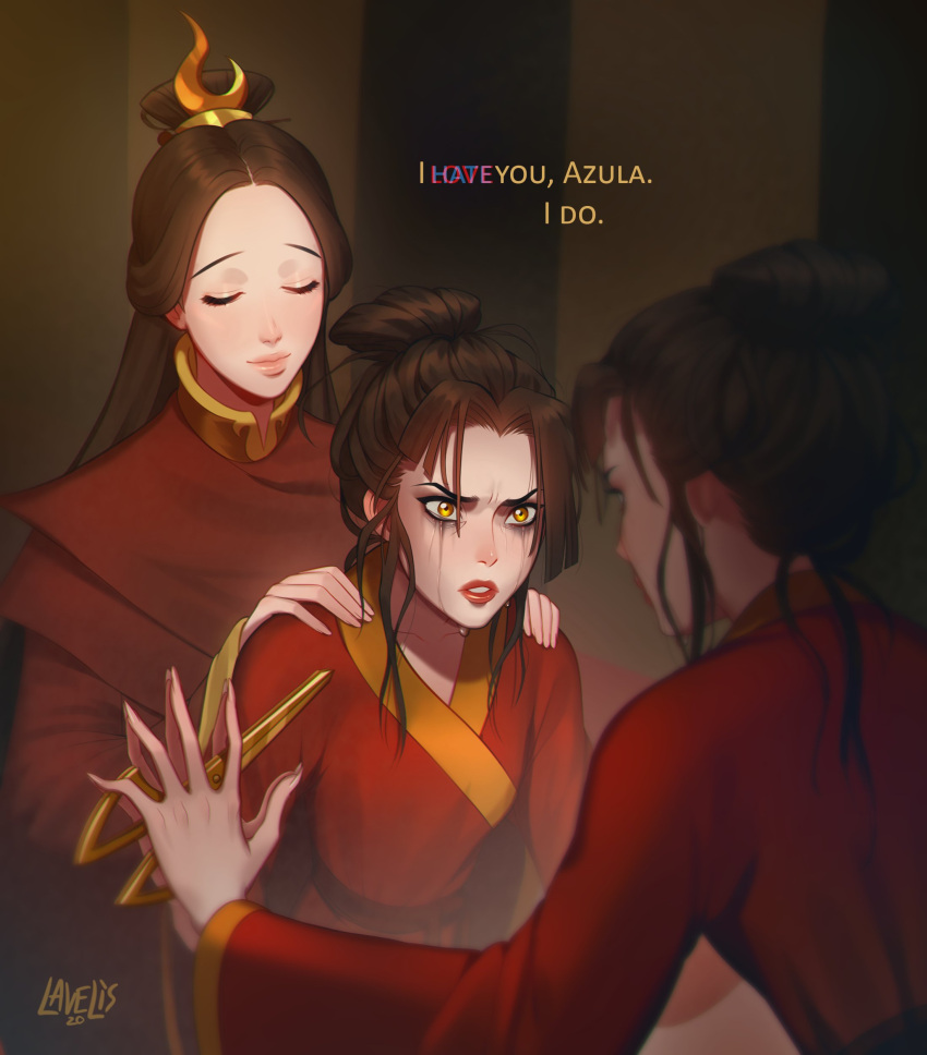 2girls, absurdres, against_mirror, avatar:_the_last_airbender, avatar_legends, azula, brown_hair, character_name