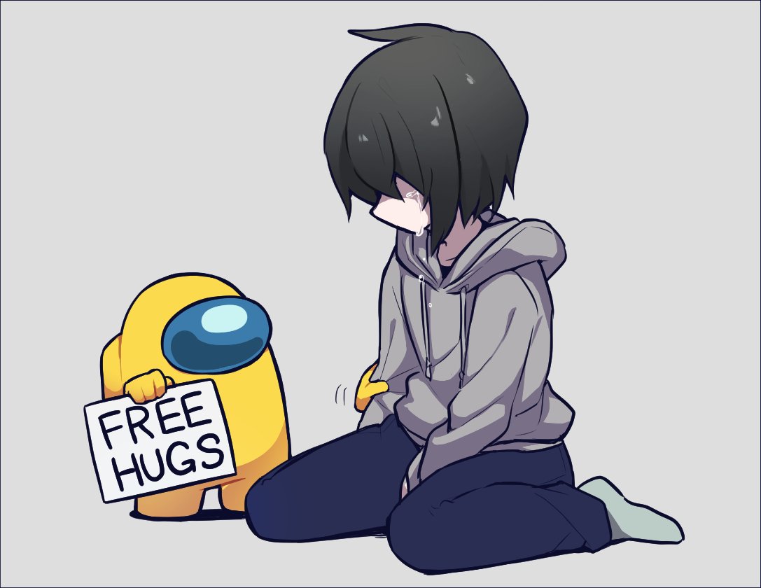 2others, ambiguous_gender, among_us, between_legs, black_hair, commentary_request, crewmate_(among_us), crying, free_hugs, grey_background, hand_between_legs, hood, hood_down, hoodie, keyman, long_sleeves, multiple_others, no_arms, short_hair, simple_background, sitting, socks, space_helmet, spacesuit, tears