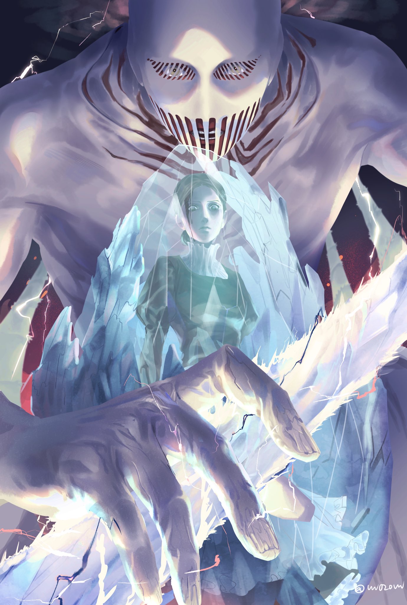 1girl, alchemist, bleeding, blood, breasts, clouds, cloudy_sky, crystal, fighting, fighting_stance, hair_ornament, highres, lara_tybur, maid, open_mouth, shingeki_no_kyojin, sky, small_breasts, solo, standing, thunder, titan_(shingeki_no_kyojin), vvv020vvv, white_body