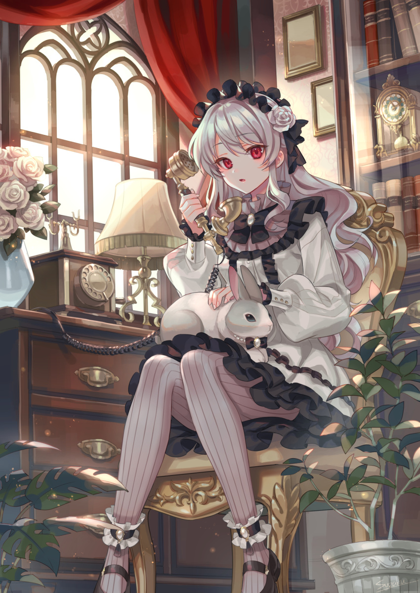 1girl, animal_on_lap, ankle_cuffs, antique_telephone, bangs, black_bow, black_footwear, blush