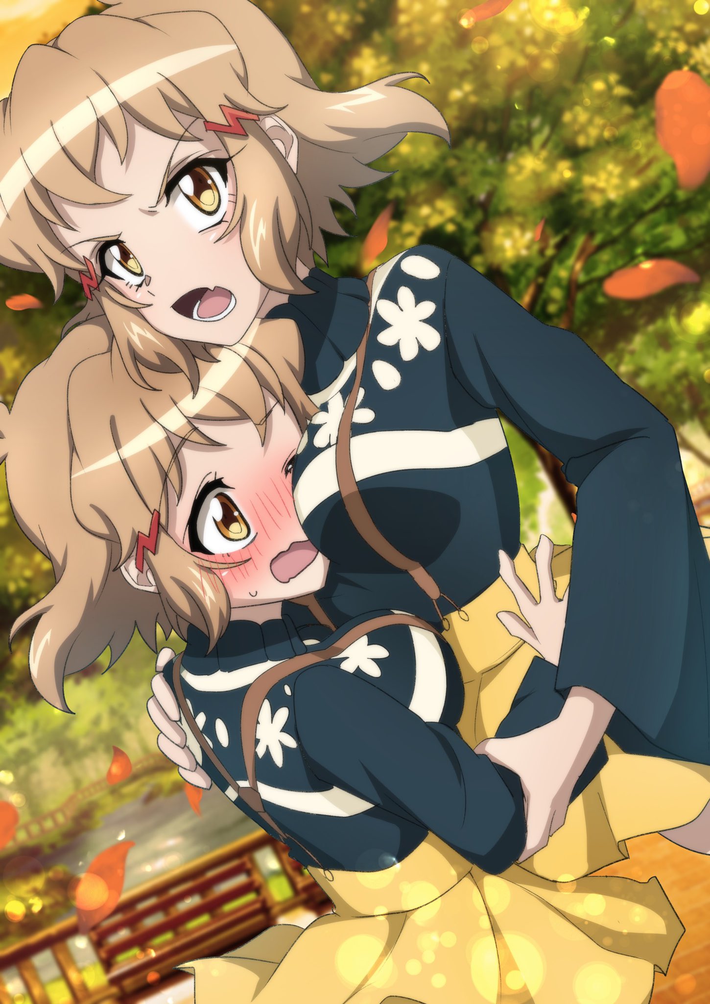 2girls, blonde_hair, blush, breast_smother, breasts, brown_eyes, eyebrows_visible_through_hair, face_to_breasts, fang, hair_ornament, highres, hug, large_breasts, looking_at_viewer, multiple_girls, open_mouth, outdoors, petals, selfcest, senki_zesshou_symphogear, shiny, shiny_hair, shiny_skin, short_hair, sweater, tachibana_hibiki_(symphogear), tree, yukitsuba_hina, yuri