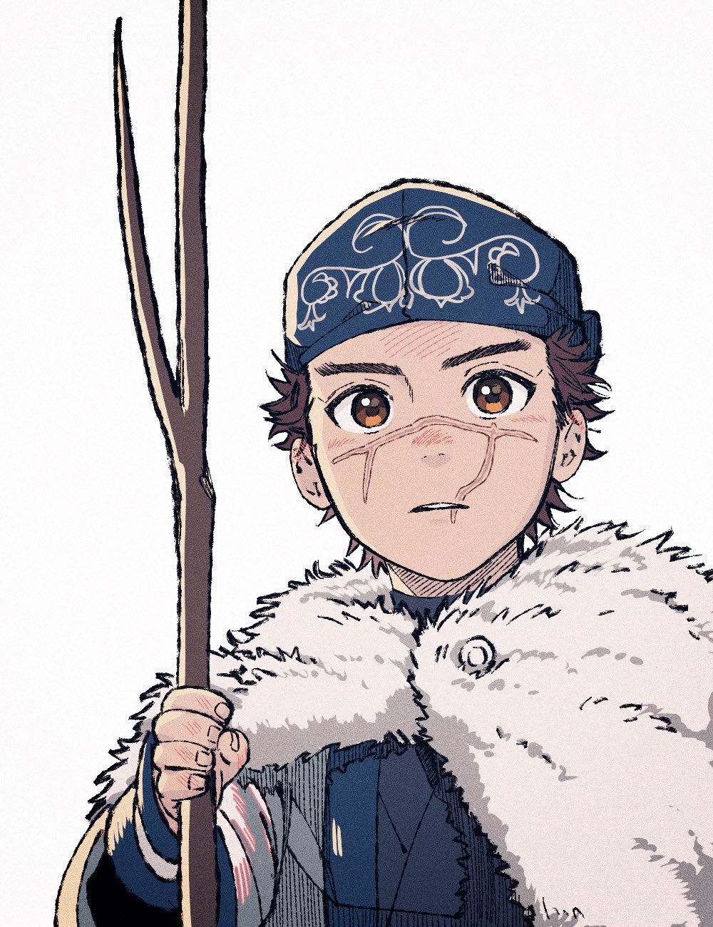 1boy, ainu_clothes, alternate_costume, asirpa, asirpa_(cosplay), blush, brown_eyes, brown_hair