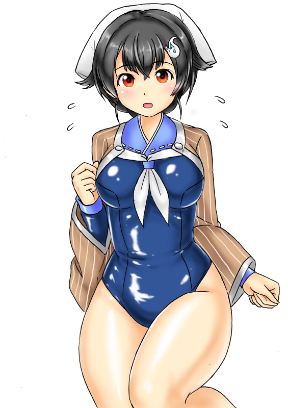 1girl, bandana, black_hair, blue_sailor_collar, blue_swimsuit, breasts, brown_shawl, cowboy_shot